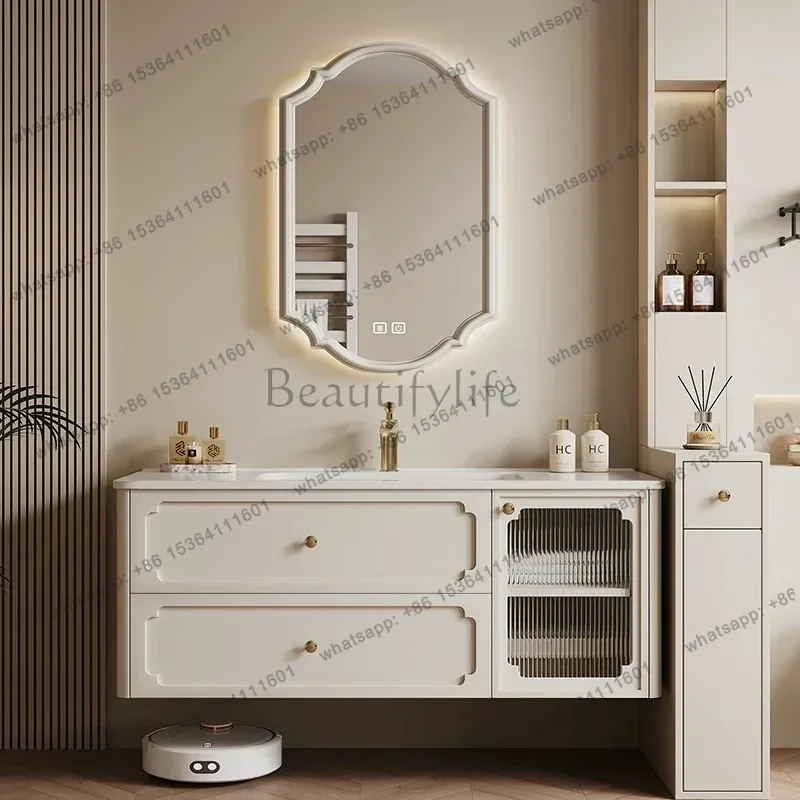 French light luxury integrated basin bathroom cabinet combination solid wood smart mirror cabinet wash basin
French light luxury integrated basin bathroom cabinet combination solid wood smart mirror cabinet wash basin