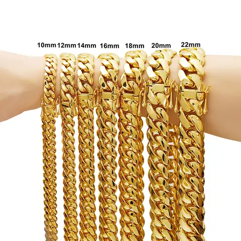 Hip Hop Bling Gold Color Stainless Steel Dense Cuban Miami Link Chain Necklaces for Men Rapper Jewelry Drop Shipping