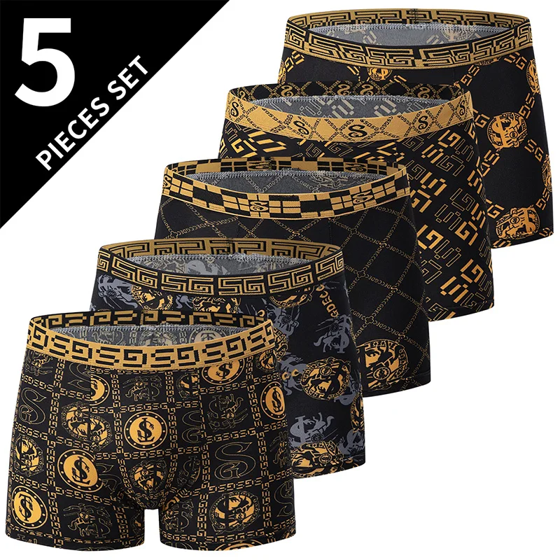 5-piece Set Of Black Gold Printed Men's Underwear Quick Drying Breathable Comfortable Elastic Casual Fashionable And Trendy
5-piece Set Of Black Gold Printed Men's Underwear Quick Drying Breathable Comfortable Elastic Casual Fashionable And Trendy