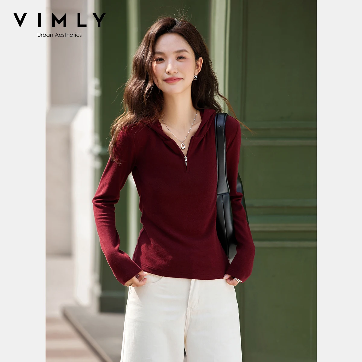 VIMLY Autumn T-shirts Woman 2025 New Red Lace Splicing Hooded Slim Fit Women Tees Casual Long Sleeve Knitted Ladies Tops A2030
VIMLY Autumn T-shirts Woman 2025 New Red Lace Splicing Hooded Slim Fit Women Tees Casual Long Sleeve Knitted Ladies Tops A2030