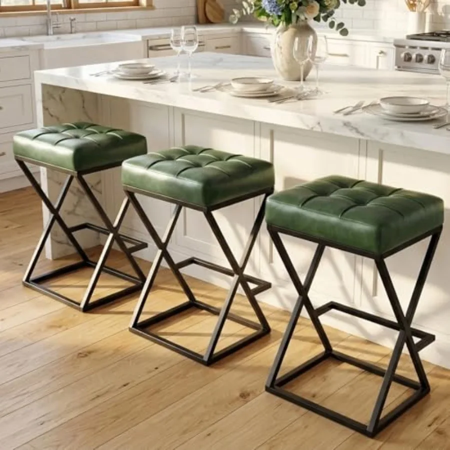 Set of 3 Bar Stools 26 Counter Height with Upholstered Green Leather Seat Backless X-Frame Metal Legs and Footrest Modern Kitch
Set of 3 Bar Stools 26 Counter Height with Upholstered Green Leather Seat Backless X-Frame Metal Legs and Footrest Modern Kitch