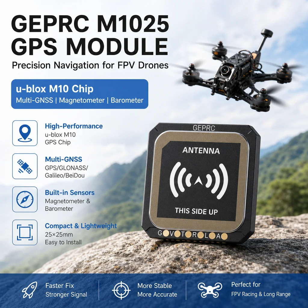 GEPRC M1025 Series GPS Module – u-blox M10 Chip with Magnetometer & Barometer for FPV Drone (25×25mm, Multi-GNSS)
GEPRC M1025 Series GPS Module – u-blox M10 Chip with Magnetometer & Barometer for FPV Drone (25×25mm, Multi-GNSS)