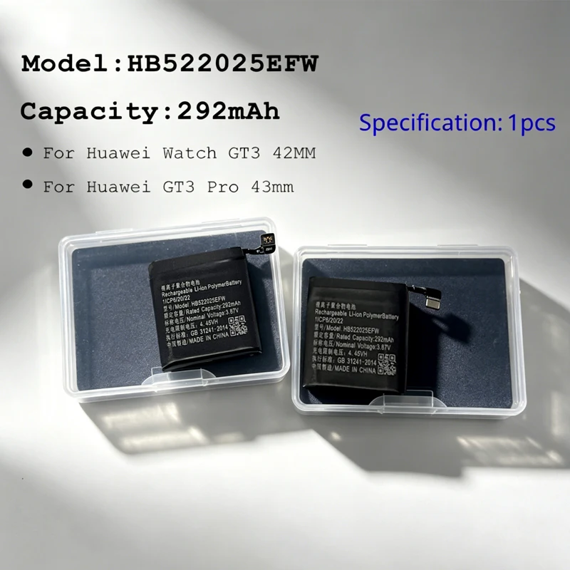 HB522025EFW Battery 292mAh 3.87V Replacement Batteries for Huawei GT 3 42MM for Huawei GT3 Pro 43mm Smart Watch
HB522025EFW Battery 292mAh 3.87V Replacement Batteries for Huawei GT 3 42MM for Huawei GT3 Pro 43mm Smart Watch
