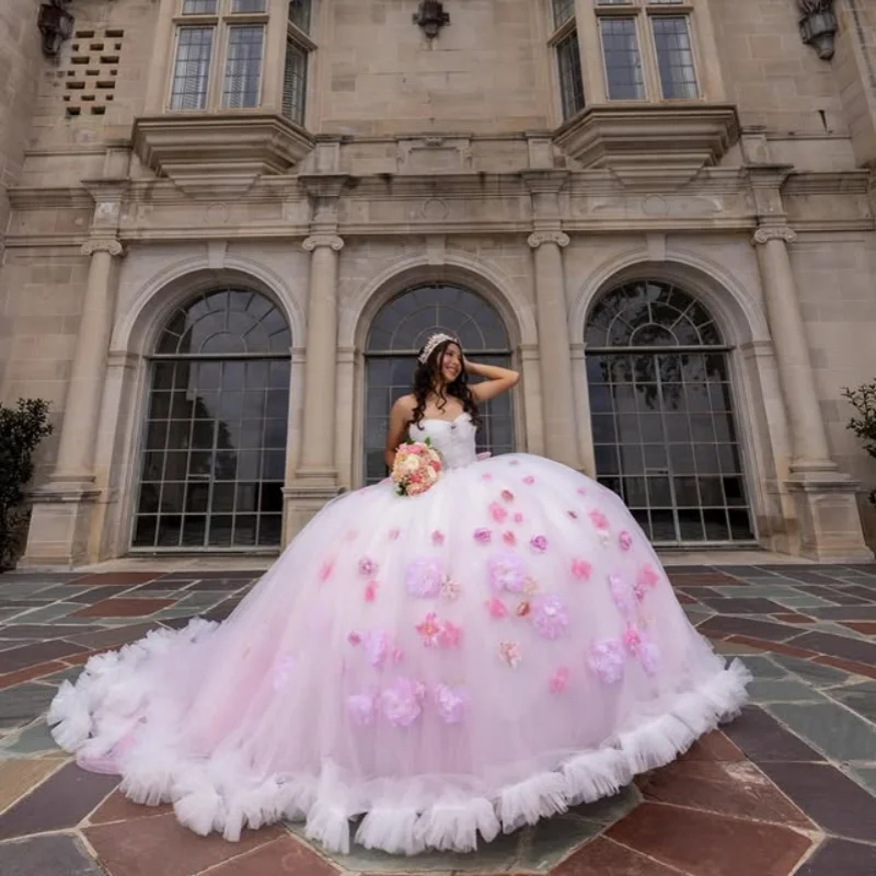 Customized Light Pink Quinceanera Dresses Off the Shoulder Glitter applique Ruffle 3D flower Long tail Vestido De 15 Quinceanera
Customized Light Pink Quinceanera Dresses Off the Shoulder Glitter applique Ruffle 3D flower Long tail Vestido De 15 Quinceanera