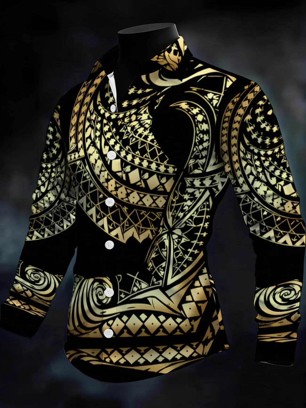 New black and gold Polynesian totem print men's long sleeved shirt with ethnic style casual shirt clothing
New black and gold Polynesian totem print men's long sleeved shirt with ethnic style casual shirt clothing