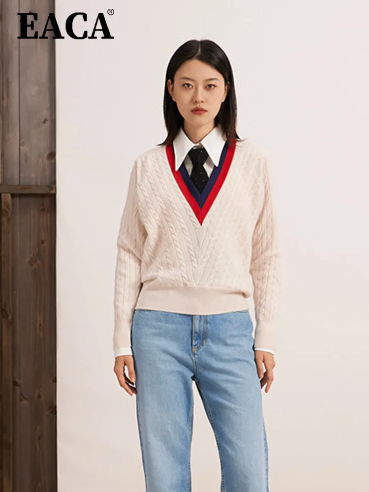 EACA Autumn New Simple Color Contrast V-neck Long Sleeve Knitted Loose All-match Pullover 2024 Female Fashion Temperament
EACA Autumn New Simple Color Contrast V-neck Long Sleeve Knitted Loose All-match Pullover 2024 Female Fashion Temperament