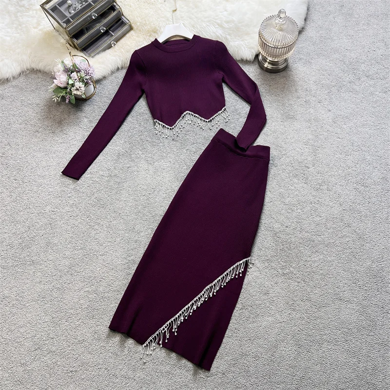 Autumn Tassel Sweater Two Pieces Set Ladies Irregular Crop Top Pullovers+Elastic Long Skirt Spring Sexy Knitted Suit
Autumn Tassel Sweater Two Pieces Set Ladies Irregular Crop Top Pullovers+Elastic Long Skirt Spring Sexy Knitted Suit