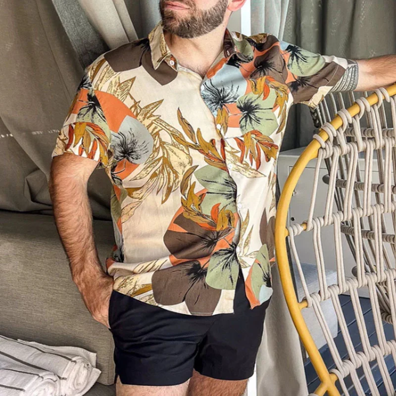 

Vintage Mens Florals Print Shirts 2024 Spring Summer Seaside Beach Casual Loose Shirt Men Short Sleeve Buttoned Lapel Cardigans