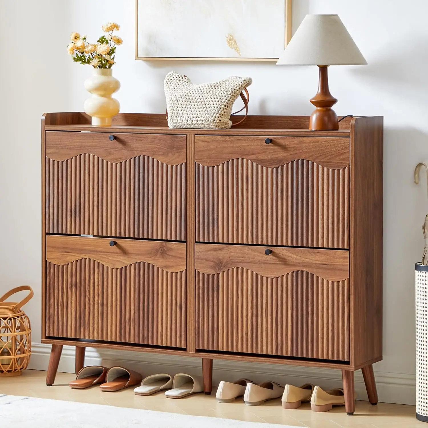 47.2" Narrow Shoe Storage Cabinet 4 Flip Drawers Wave&Fluted Panel Freestanding Wood Hidden Organizer Hallway Entryway, Custom
47.2" Narrow Shoe Storage Cabinet 4 Flip Drawers Wave&Fluted Panel Freestanding Wood Hidden Organizer Hallway Entryway, Custom