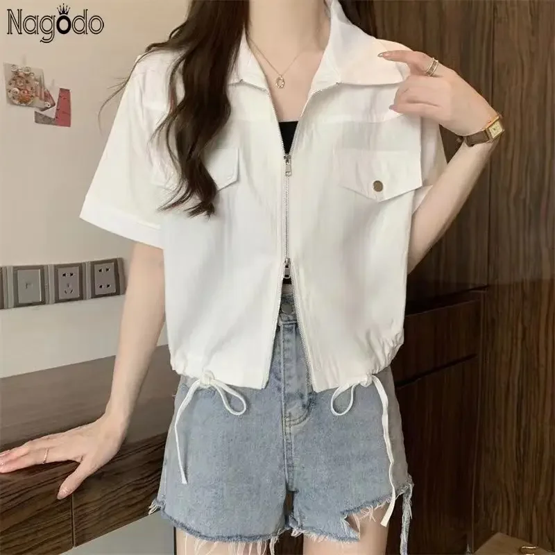 Women Shirts Short Sleeve Zipper Drawstring Top Simple Solid Blouse Turn-down Collar lady 2025 summer Korean popular clothes
Women Shirts Short Sleeve Zipper Drawstring Top Simple Solid Blouse Turn-down Collar lady 2025 summer Korean popular clothes