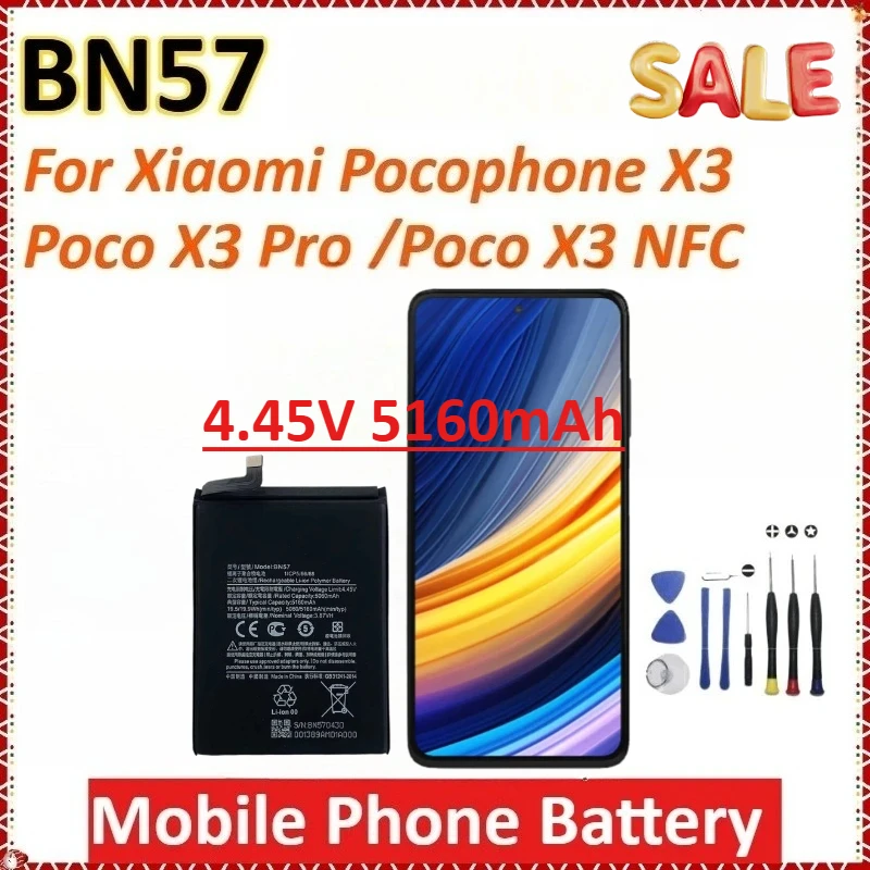 Аккумулятор BN57 4,45 В, 5160 мАч для телефона Xiaomi Poco X3 Pro/Poco X3/Poco X3 NFC, замена мобильного телефона большой емкости + инструменты
Аккумулятор BN57 4,45 В, 5160 мАч для телефона Xiaomi Poco X3 Pro/Poco X3/Poco X3 NFC, замена мобильного телефона большой емкости + инструменты