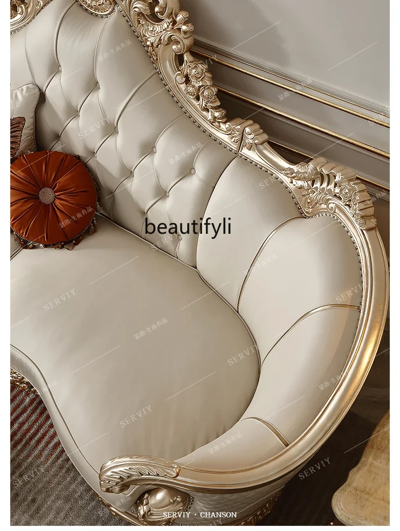 Диван в стиле французского шика из массива дерева с кожаной обивкой, европейский винтажный диван для виллы, большой диван для гостиной в квартире.
Диван в стиле французского шика из массива дерева с кожаной обивкой, европейский винтажный диван для виллы, большой диван для гостиной в квартире.