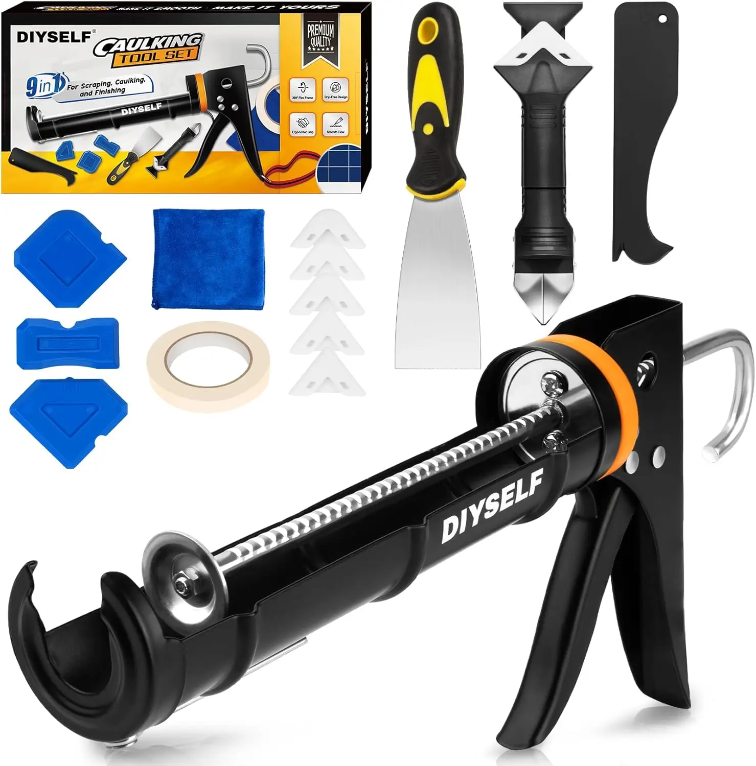 9-Pack Caulk Gun Kit, Professional Caulking Tool Set with Smoothing & Removal Tools, Drip-Free Silicone Gun for Bathroom Kitchen Tile Sealing
9-Pack Caulk Gun Kit, Professional Caulking Tool Set with Smoothing & Removal Tools, Drip-Free Silicone Gun for Bathroom Kitchen Tile Sealing