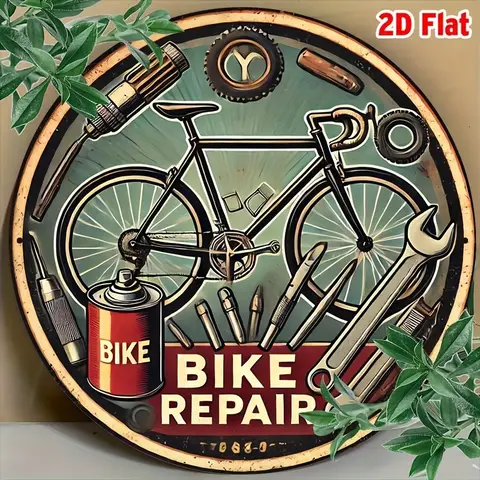 2D Flat, 2D Flat Round 1pc - Vintage Bicycle Repair 8" Aluminum Sign - Wall Decor with Tools & Parts Design, Classic Style for H