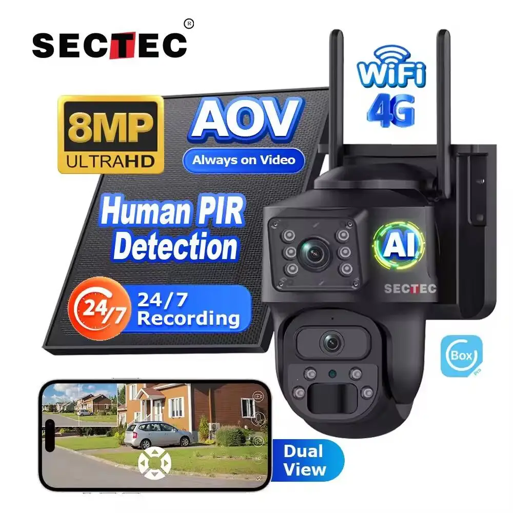 AOV Solar Camera SECTEC 24/7 Recording Lower Energy Consumption PIR Detection+Human Detection AI Designated Area Detection IP65
