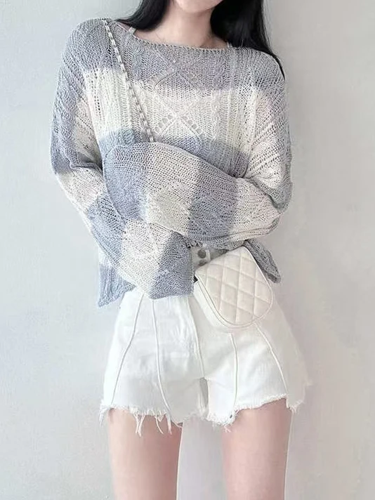 Women's Loose Fit round Ne Knitted Sweater Hollow out Design Slimming Stripe Pattern Transparent Sun Protection Top Trendy
Women's Loose Fit round Ne Knitted Sweater Hollow out Design Slimming Stripe Pattern Transparent Sun Protection Top Trendy