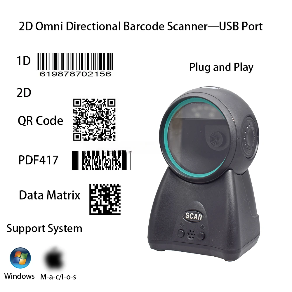 High-Speed USB 1D/2D Barcode Scanner with Omni-Directional Reading for QR and Datamatrix
High-Speed USB 1D/2D Barcode Scanner with Omni-Directional Reading for QR and Datamatrix