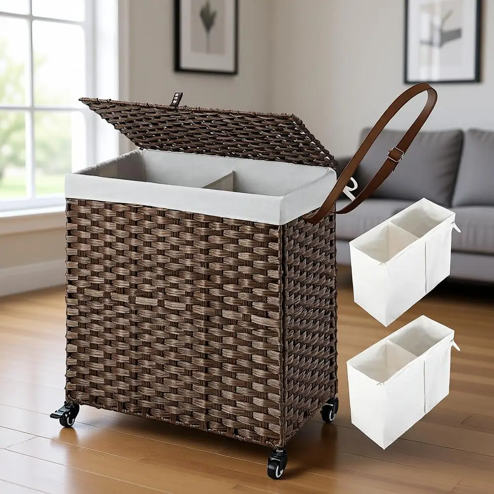Корзина для белья на колесиках, 110 л, двухсекционная, из ротанга, со съемными внутренними мешками, коричневая, 22x13x26.4 дюйма
Корзина для белья на колесиках, 110 л, двухсекционная, из ротанга, со съемными внутренними мешками, коричневая, 22x13x26.4 дюйма