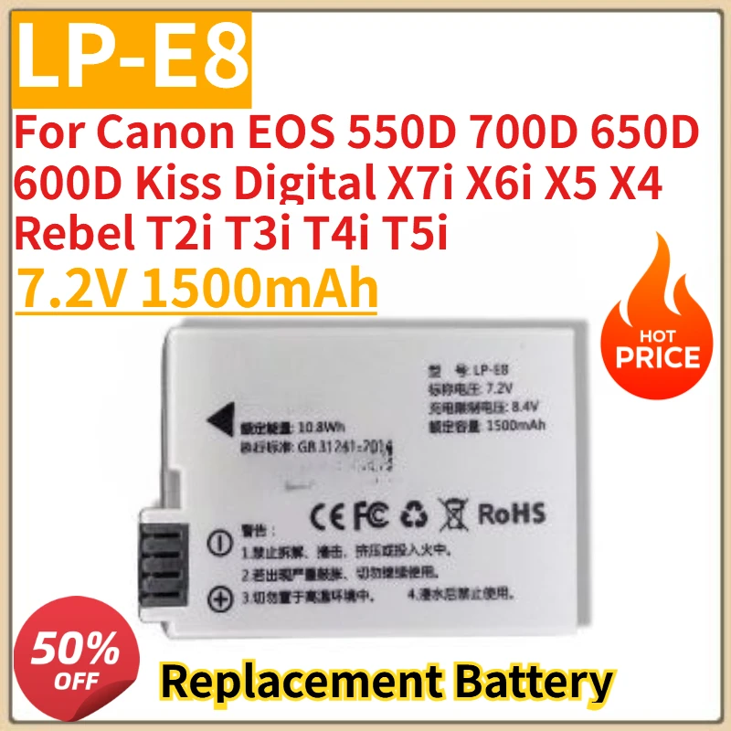 New LP-E8 Camera battery 7.2V 1500mAh for Canon EOS 550D 700D 650D 600D X7i X6i X5 X4 Rebel T2i T3i T4i T5i Replacement Battery
New LP-E8 Camera battery 7.2V 1500mAh for Canon EOS 550D 700D 650D 600D X7i X6i X5 X4 Rebel T2i T3i T4i T5i Replacement Battery