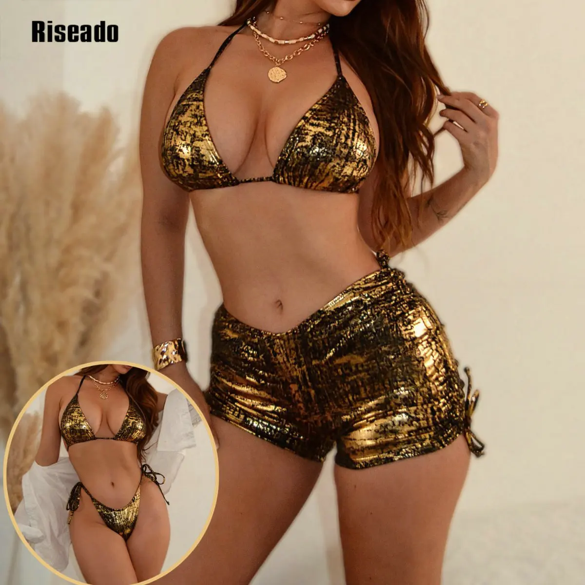 Women's 3 Piece Swimsuit Set Club Party Bikini Set Gold Color Halter Triangle Bathing Suit with Cover Up Shorts
Women's 3 Piece Swimsuit Set Club Party Bikini Set Gold Color Halter Triangle Bathing Suit with Cover Up Shorts
