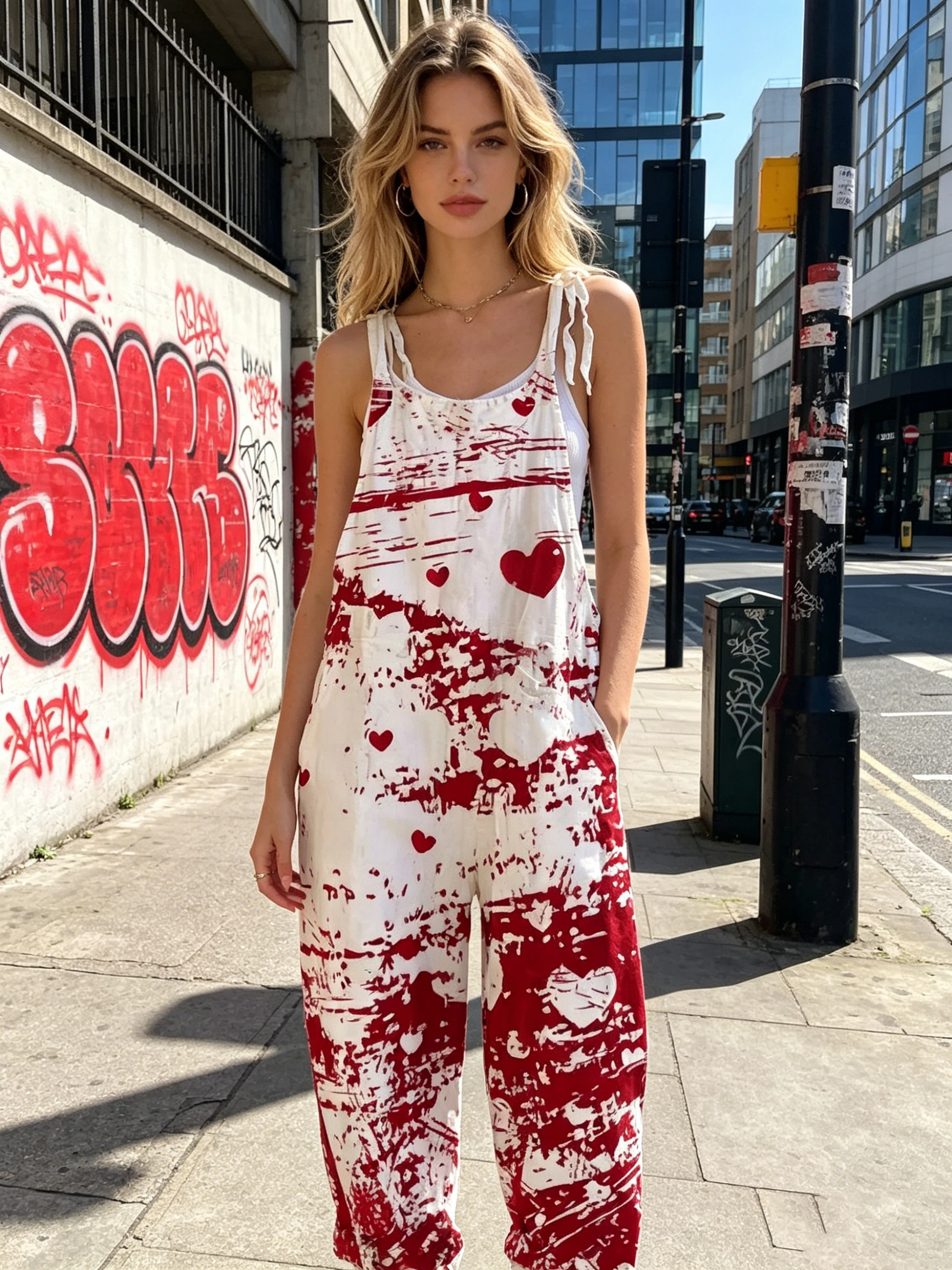 Women Sleeveless Tie Strap Bib Overalls Red Splash Graffiti Heart Print Loose Cuffed Baggy Jumpsuit Vintage Streetwear
Women Sleeveless Tie Strap Bib Overalls Red Splash Graffiti Heart Print Loose Cuffed Baggy Jumpsuit Vintage Streetwear