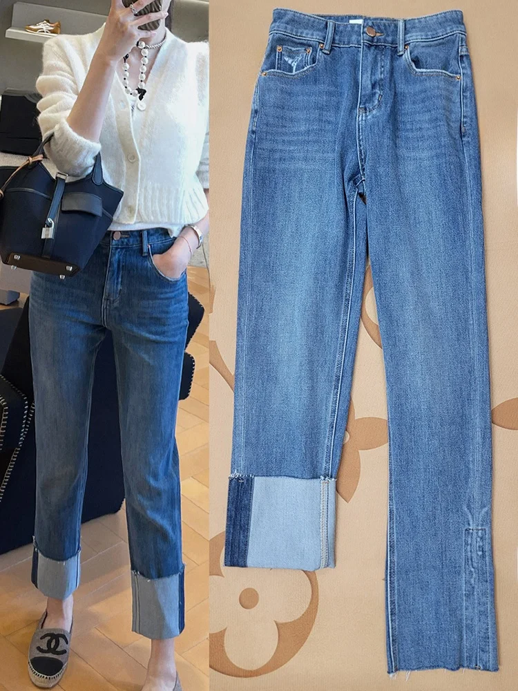 High Waist Straight Leg Blue Jeans Women's Summer New Style Slimming Washed Denim Roll up Cuff Simple Style Cotton Zipper
High Waist Straight Leg Blue Jeans Women's Summer New Style Slimming Washed Denim Roll up Cuff Simple Style Cotton Zipper
