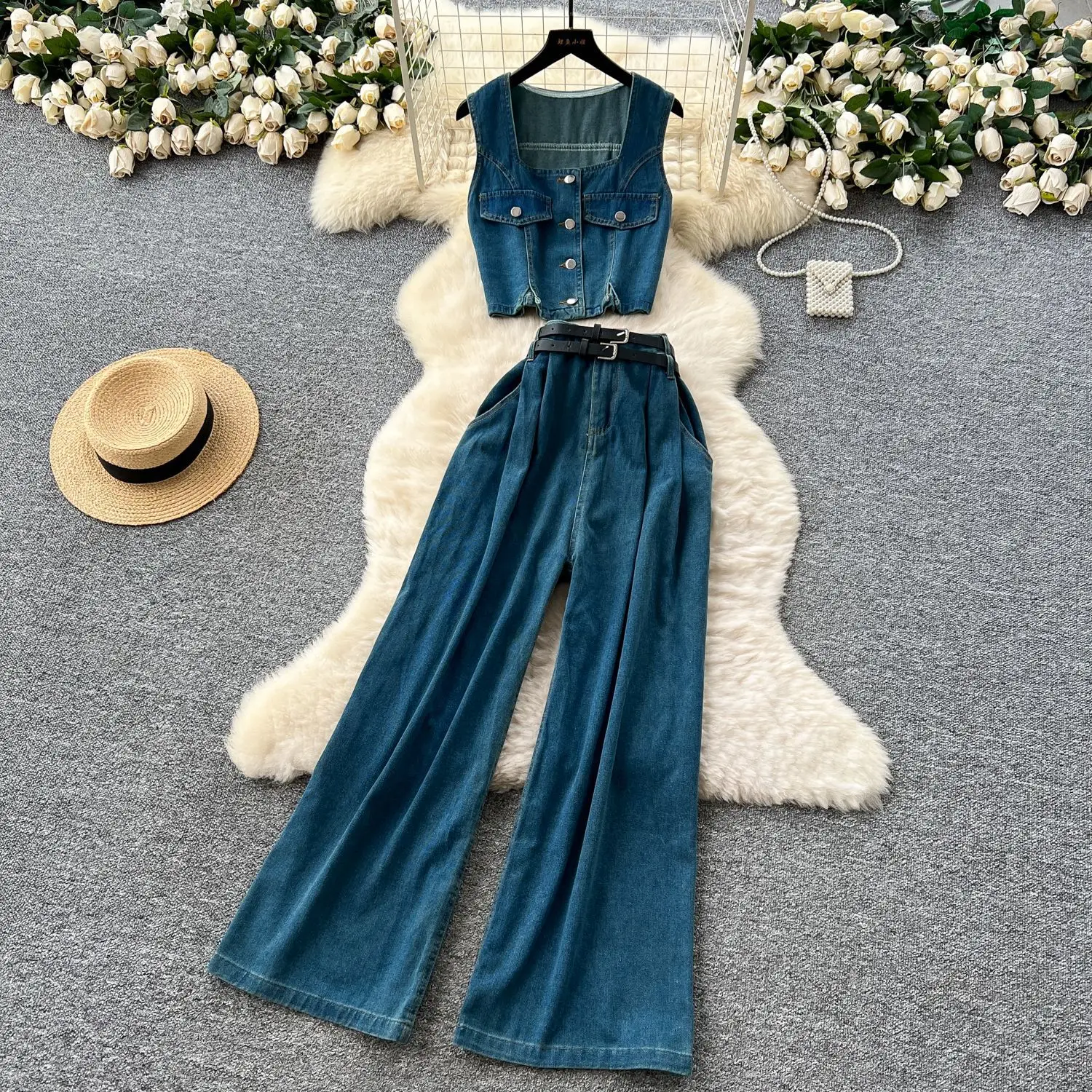 Denim Pant Set Women Two Piece Sets Square Collar Sleeveless Short Tops Wide Leg Long Pants High Waist Y2k Streetwear 2025
Denim Pant Set Women Two Piece Sets Square Collar Sleeveless Short Tops Wide Leg Long Pants High Waist Y2k Streetwear 2025