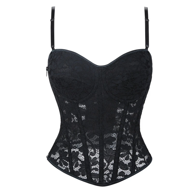 Women Lace Floral Corset Top Sexy Black Mesh Transparent Bra Side Zip Bustier Vest Gothic Spaghetti Strap Embroidery Party Camis
Women Lace Floral Corset Top Sexy Black Mesh Transparent Bra Side Zip Bustier Vest Gothic Spaghetti Strap Embroidery Party Camis