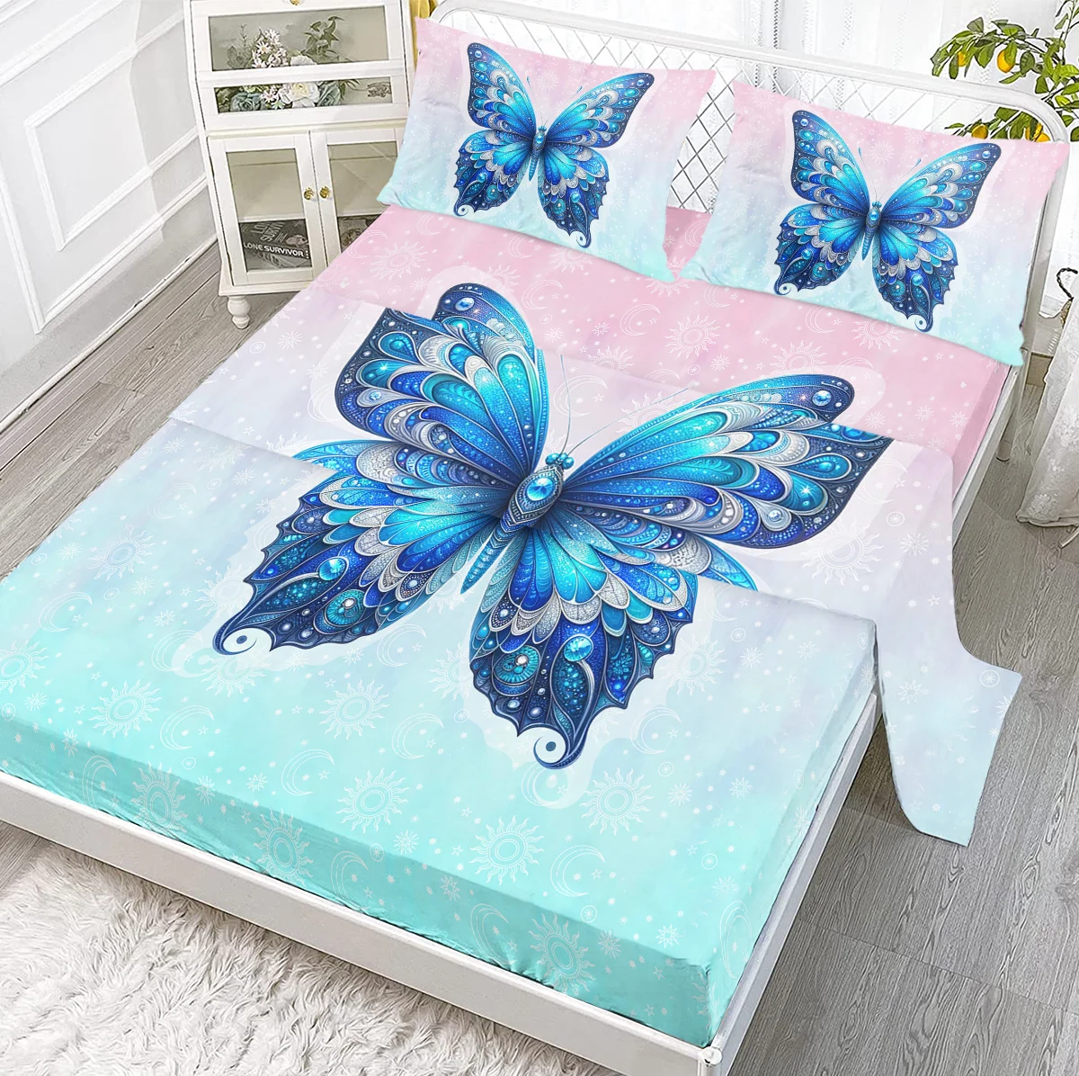 Sapphire Butterfly Wings Sheet Set 4pcs with Sunmoon Mandala Background Sheets Includes 1 Flat Sheet,1 Fitted Sheet,2 Shams
Sapphire Butterfly Wings Sheet Set 4pcs with Sunmoon Mandala Background Sheets Includes 1 Flat Sheet,1 Fitted Sheet,2 Shams