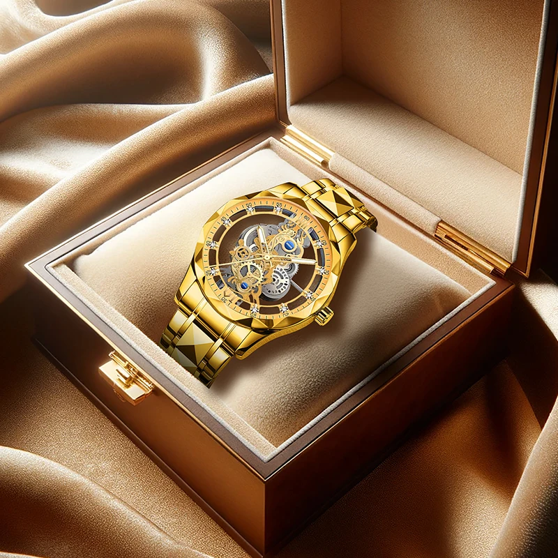 Мужские повседневные высококачественные кварцевые часы-скелетон золотого цвета с ромбовидными маркерами и ремешком из нержавеющей стали.
Мужские повседневные высококачественные кварцевые часы-скелетон золотого цвета с ромбовидными маркерами и ремешком из нержавеющей стали.