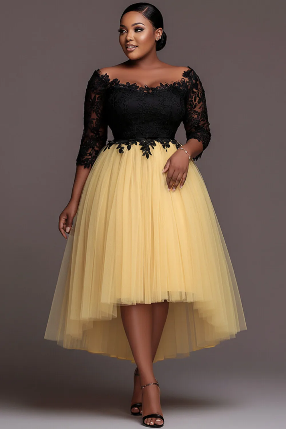 Plus Size Cocktail Party Lace Yellow Colorblock Round Neck 3/4 Sleeve High Low Hem Tulle Midi Dresses
Plus Size Cocktail Party Lace Yellow Colorblock Round Neck 3/4 Sleeve High Low Hem Tulle Midi Dresses