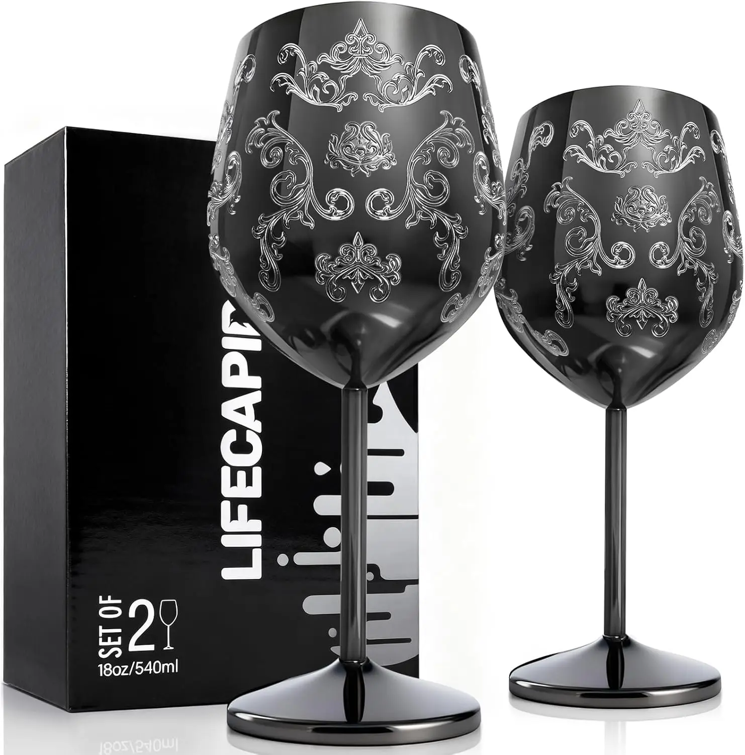 Stainless Steel Wine Glasses Set of 2, 18oz Etched Black Wine Goblets, Unique Wine Glasses with Intricate Baroque Engrav
Stainless Steel Wine Glasses Set of 2, 18oz Etched Black Wine Goblets, Unique Wine Glasses with Intricate Baroque Engrav