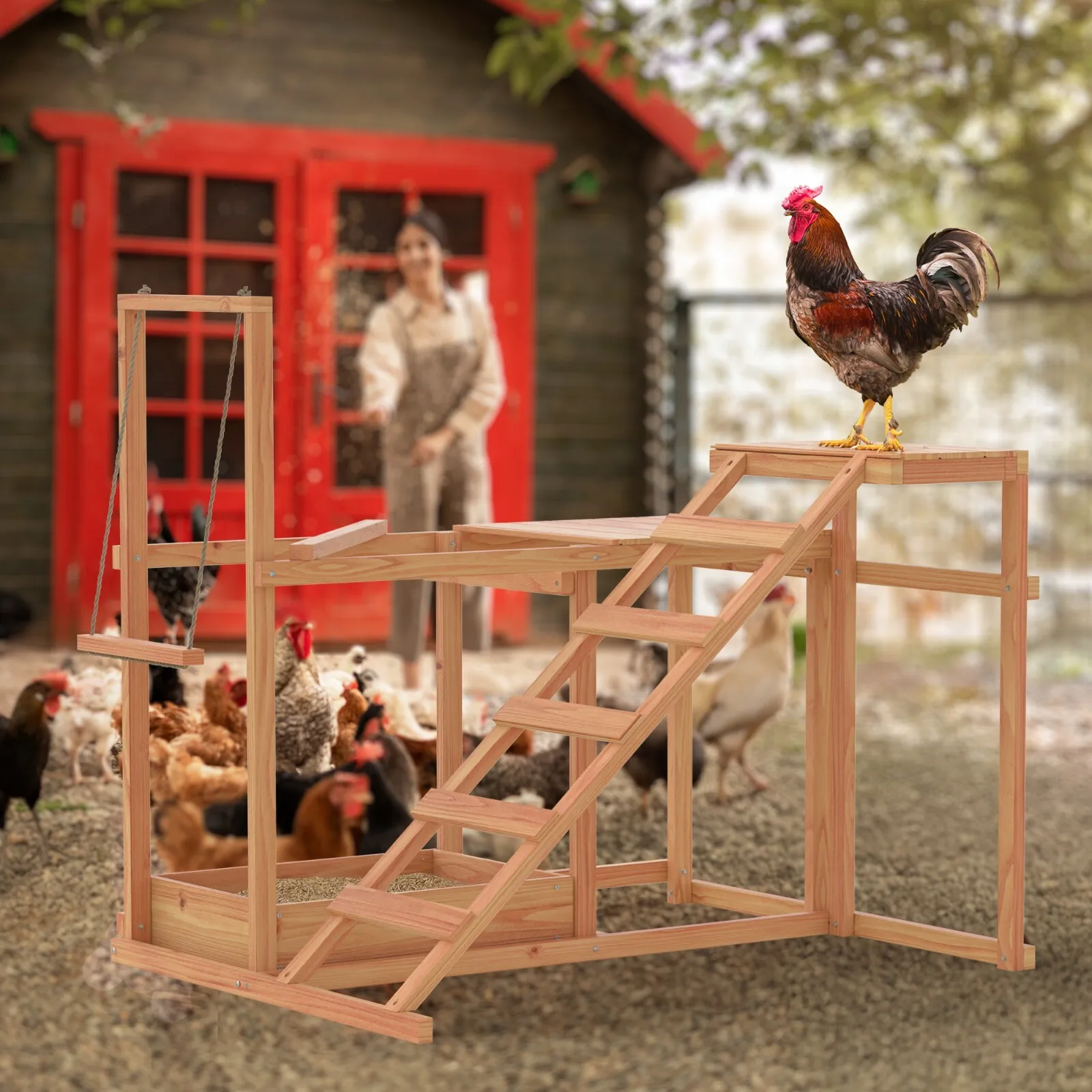 Wooden Chicken Roost Activity Play Multiple Chicken Coop Perches with Swing Toy
Wooden Chicken Roost Activity Play Multiple Chicken Coop Perches with Swing Toy