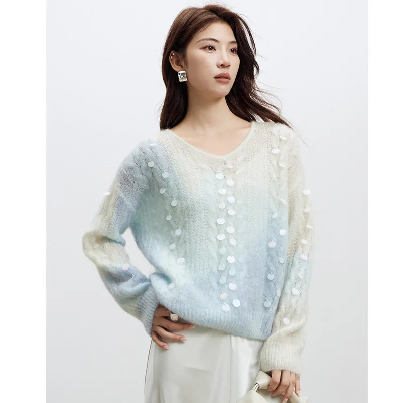 Women Sequin Mohair Wool Sweater,Autumn New Soft Gradient V-Neck Loose Knitwear Pullovers
Women Sequin Mohair Wool Sweater,Autumn New Soft Gradient V-Neck Loose Knitwear Pullovers