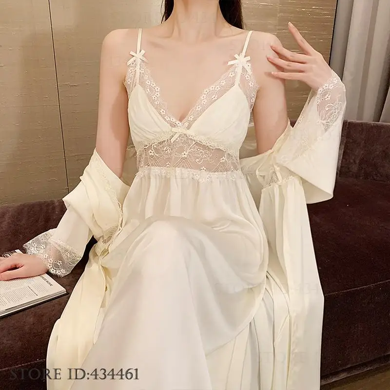 Women Long Robe Nightgown 2PCS Set Sexy Patchwork Lace Sleepwear Lingerie Summer Satin Bathrobe Loose Homewear Pajama Loungewear
Women Long Robe Nightgown 2PCS Set Sexy Patchwork Lace Sleepwear Lingerie Summer Satin Bathrobe Loose Homewear Pajama Loungewear