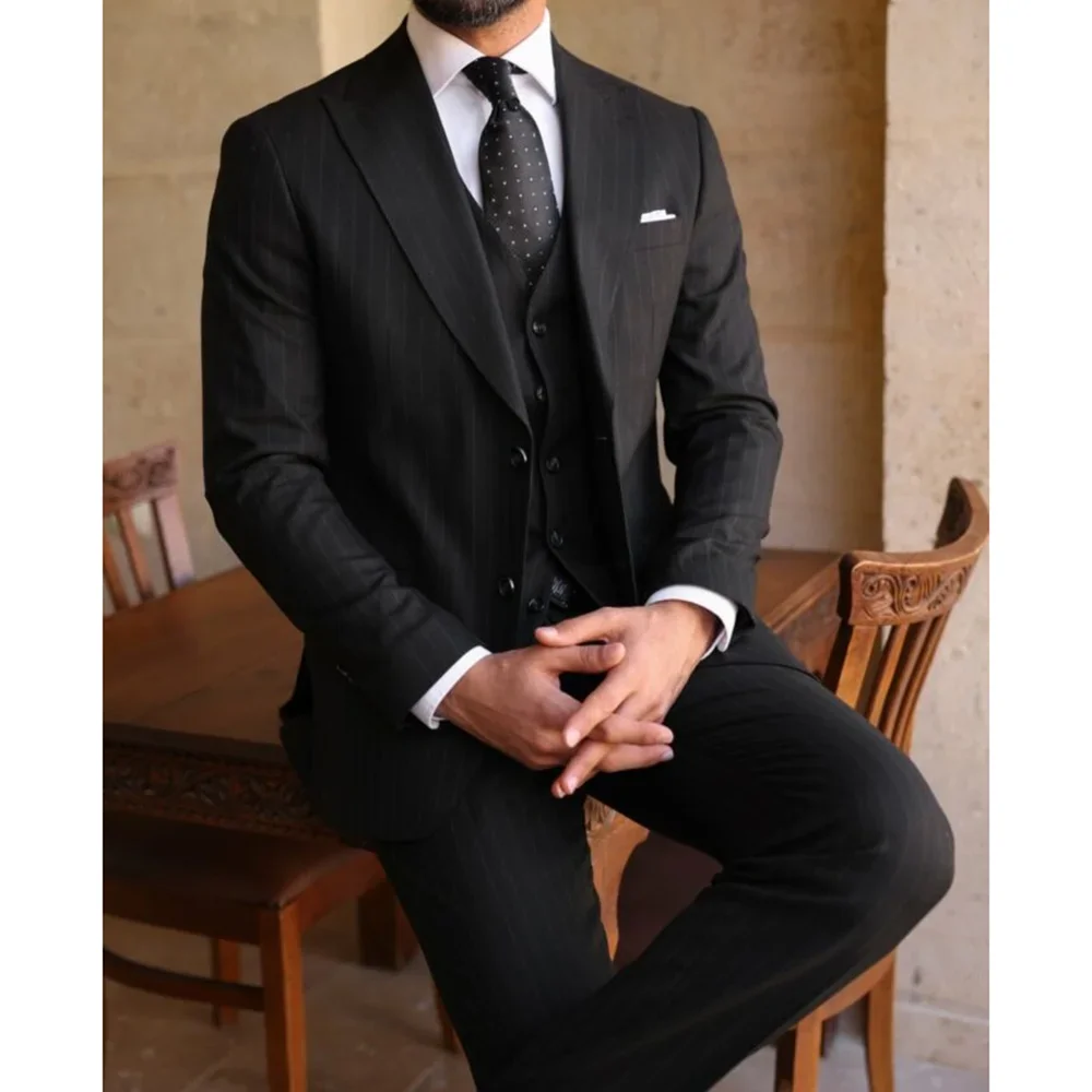 Fashion Striped Men's Suits Black Chic Daily Casual Office Outfits 3 Piece Single Breasted Peak Lapel Suits (Jacket+Vest+Pants)
Fashion Striped Men's Suits Black Chic Daily Casual Office Outfits 3 Piece Single Breasted Peak Lapel Suits (Jacket+Vest+Pants)