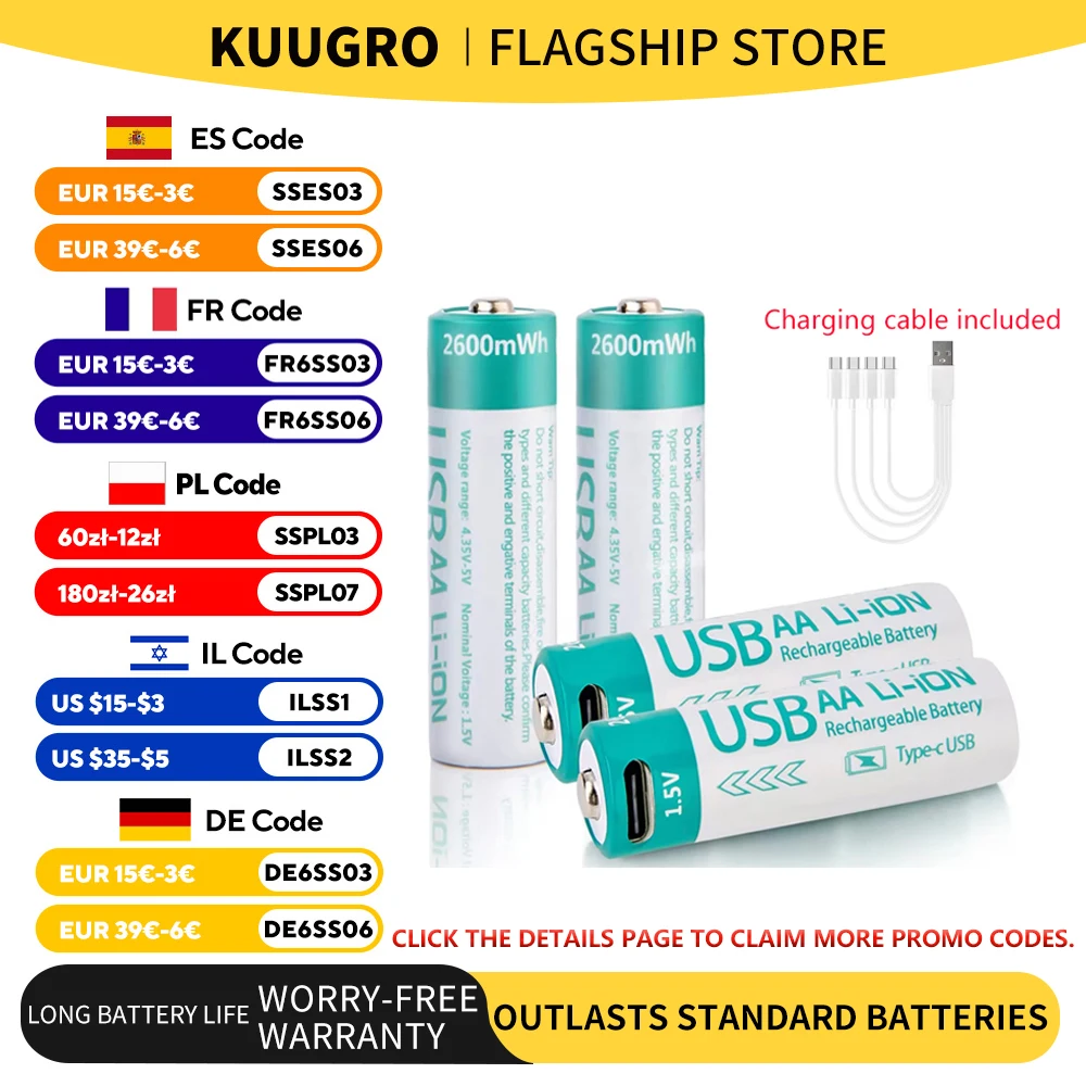 kuugro USB 1.5V 2600mWh AA Rechargeable Battery Type-C Rechargeable aa Lithium Battery for Remote Control Electric Toys Mouse
kuugro USB 1.5V 2600mWh AA Rechargeable Battery Type-C Rechargeable aa Lithium Battery for Remote Control Electric Toys Mouse