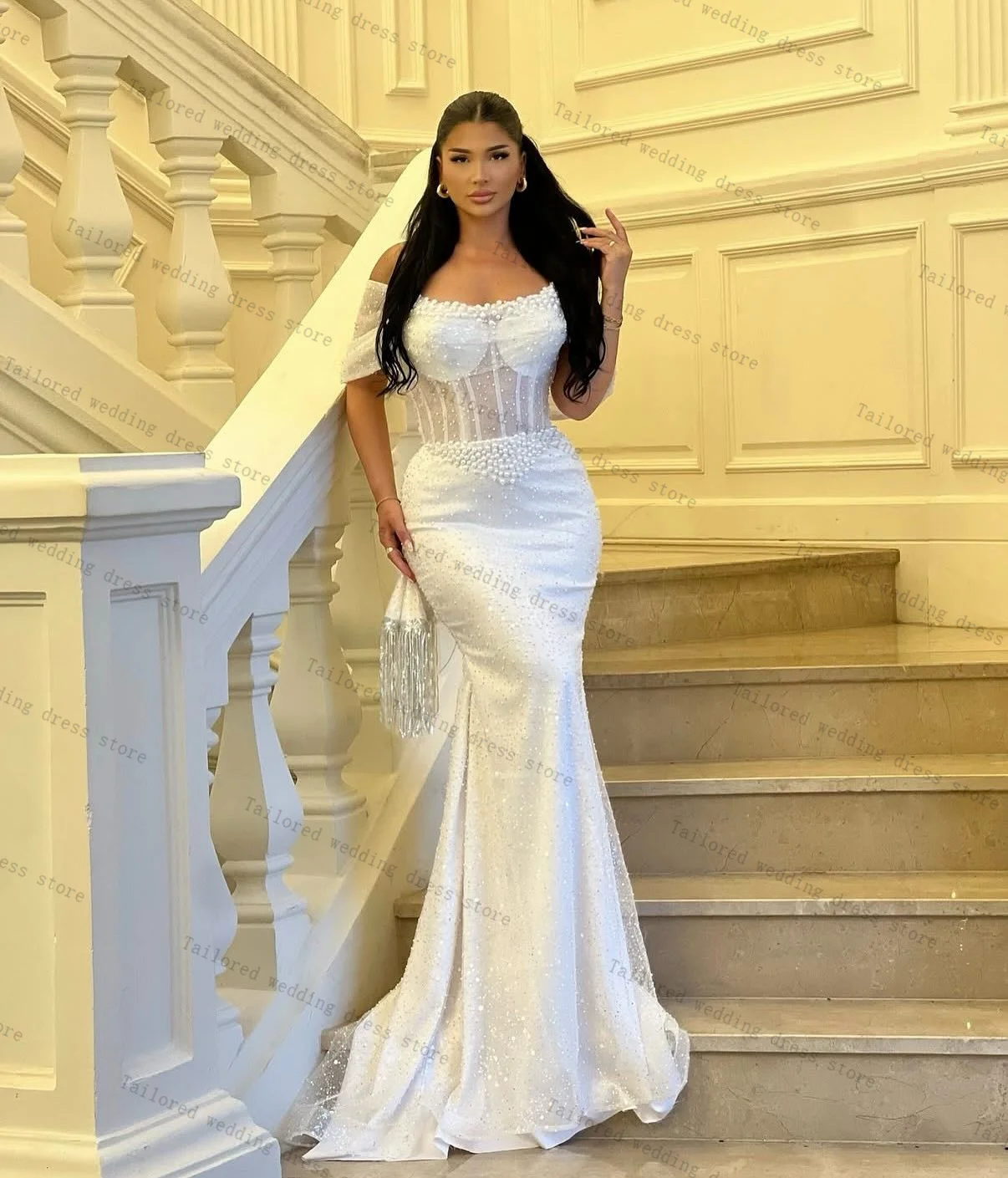 White Pearls Mermaid Women Prom Dresses Sexy Short Sleeves Satin Bridal Evening Gown Customized Lace Up Back Robe
White Pearls Mermaid Women Prom Dresses Sexy Short Sleeves Satin Bridal Evening Gown Customized Lace Up Back Robe