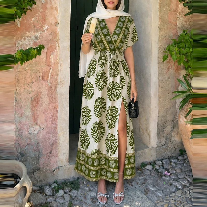Women Boho Ethnic Print Wrap V Neck Maxi Dress Short Sleeve High Split Long Dress Summer Beach Boho Casual Holiday Dress
Women Boho Ethnic Print Wrap V Neck Maxi Dress Short Sleeve High Split Long Dress Summer Beach Boho Casual Holiday Dress