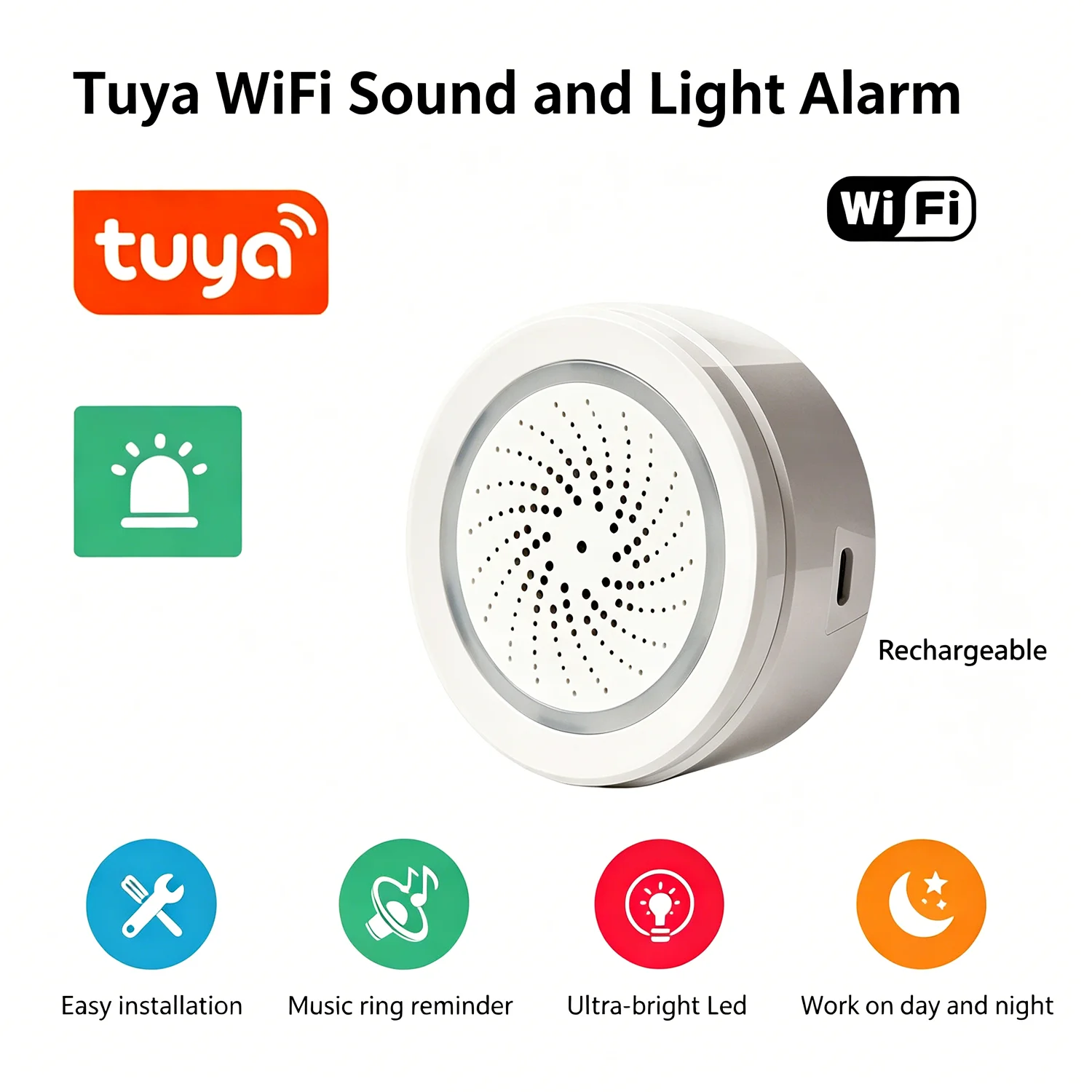 WiFi Siren Alarm 100dB with Temp Humidity Sensor, Wireless Strobe Light, Smart Home Security, 2.4GHz WiFi App Control