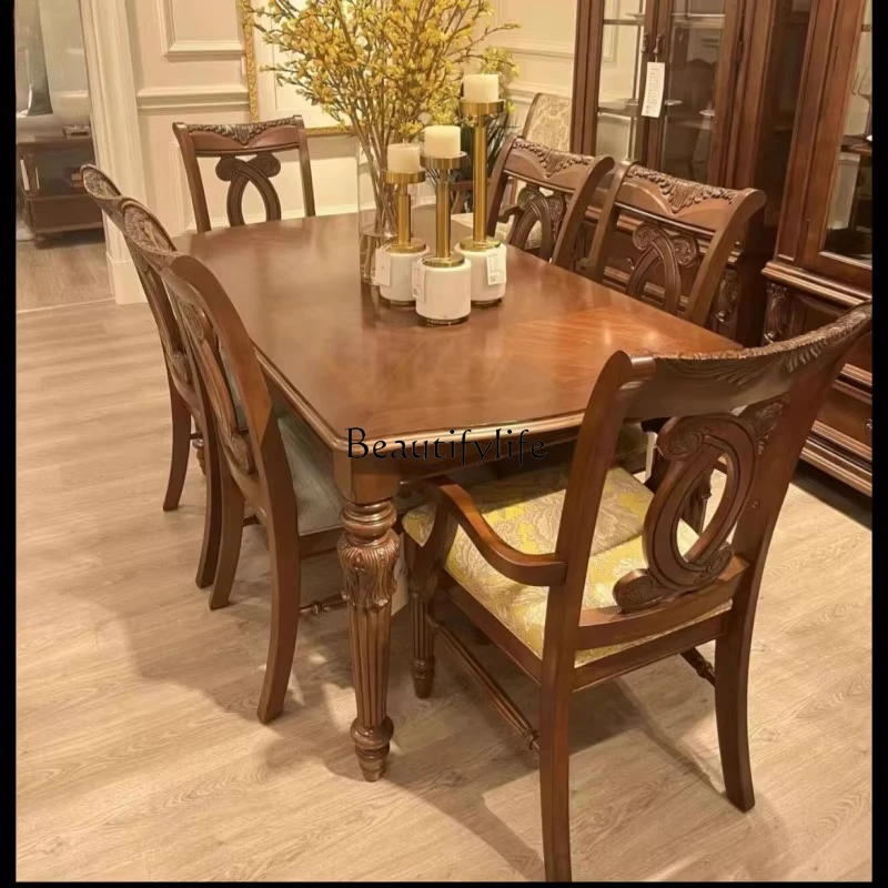 American rural solid wood carved tabletop parquet long dining table exquisite living room dining table and chairs
American rural solid wood carved tabletop parquet long dining table exquisite living room dining table and chairs