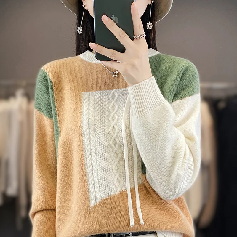 3-color O-neck new 100% Australian wool sweater Women's long sleeved pullover Fashion color matching knitted short base wool swe
3-color O-neck new 100% Australian wool sweater Women's long sleeved pullover Fashion color matching knitted short base wool swe