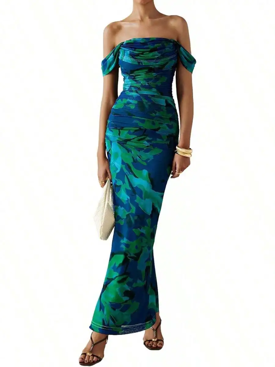 Elegant Off Shoulder Ruched Maxi Dress Floral Print Summer Cocktail Wedding Guest Dress
Elegant Off Shoulder Ruched Maxi Dress Floral Print Summer Cocktail Wedding Guest Dress