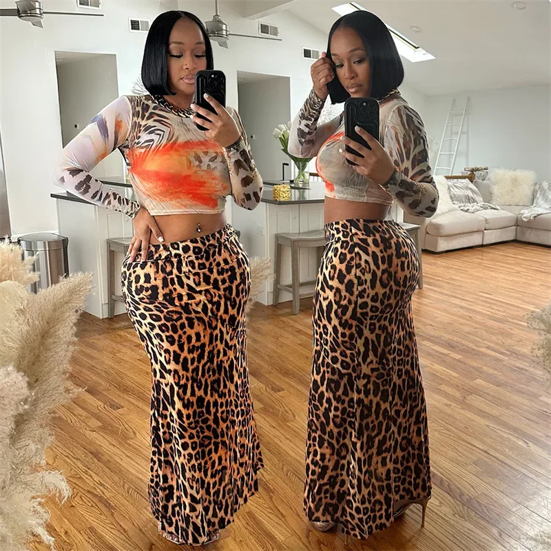 Fashion Leopard Print Sexy Two Piece Sets Women Long Sleeve Bodycon Slim T Shirt and High Waist Mermaid Long Skirts Outfits 2025
Fashion Leopard Print Sexy Two Piece Sets Women Long Sleeve Bodycon Slim T Shirt and High Waist Mermaid Long Skirts Outfits 2025
