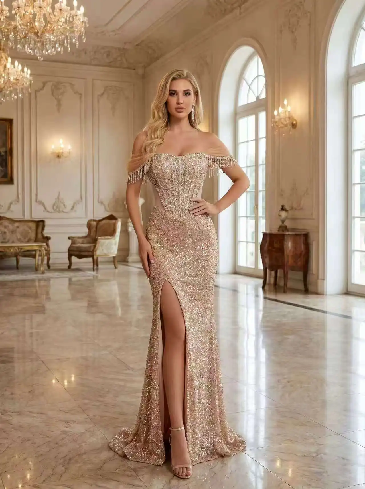 American-style, shimmering, sexy strapless evening gown with trendy, heavily beaded and tassel design.
American-style, shimmering, sexy strapless evening gown with trendy, heavily beaded and tassel design.