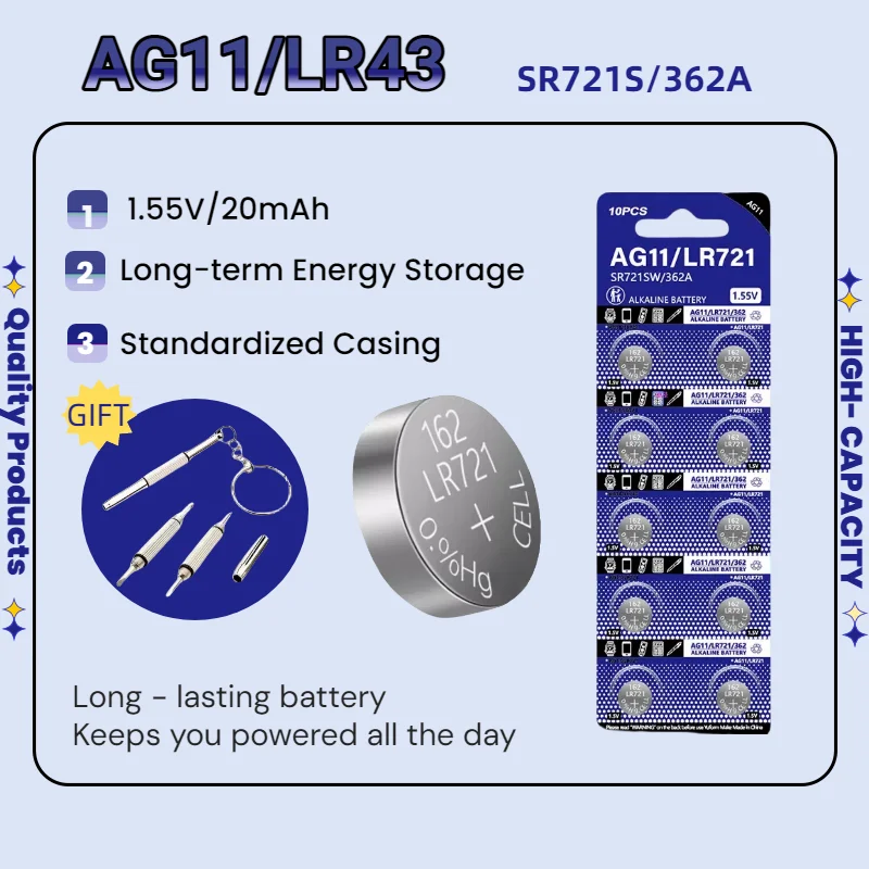 2-100PCS 1.55V AG11 LR721 20mAh Lithium Button Cell SG11 LR58 SR58 162 361 362 LR721 SR721 SR720 L721F Coin Cell for Watch Toys
2-100PCS 1.55V AG11 LR721 20mAh Lithium Button Cell SG11 LR58 SR58 162 361 362 LR721 SR721 SR720 L721F Coin Cell for Watch Toys