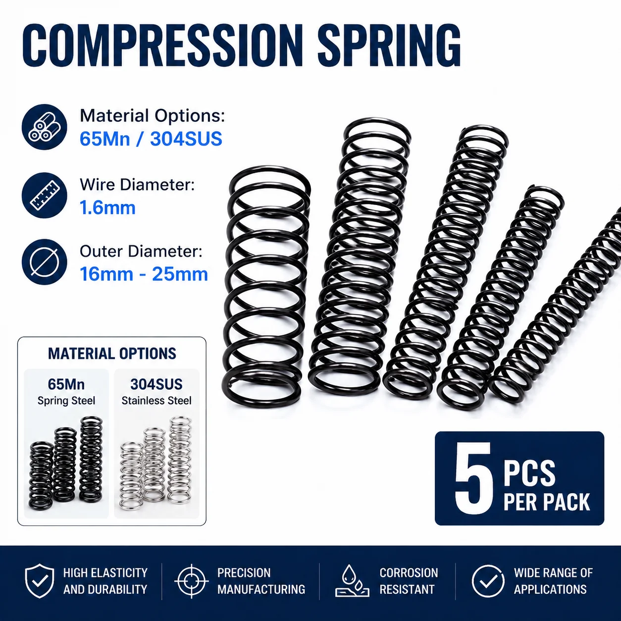5pcs 65Mn/304SUS Compression Springs, WD 1.6mm,OD 16-25mm,Length 15-100mm,High Hardness,Suitable for Mechanical Equipment
5pcs 65Mn/304SUS Compression Springs, WD 1.6mm,OD 16-25mm,Length 15-100mm,High Hardness,Suitable for Mechanical Equipment