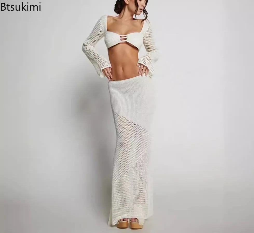 2026 New Women's Fashion Solid Color Sexy 2Pcs Clubwear Outfit Sets Summer Long Hollow Sleeve Crop Tops White Long Knitted Skirt
2026 New Women's Fashion Solid Color Sexy 2Pcs Clubwear Outfit Sets Summer Long Hollow Sleeve Crop Tops White Long Knitted Skirt