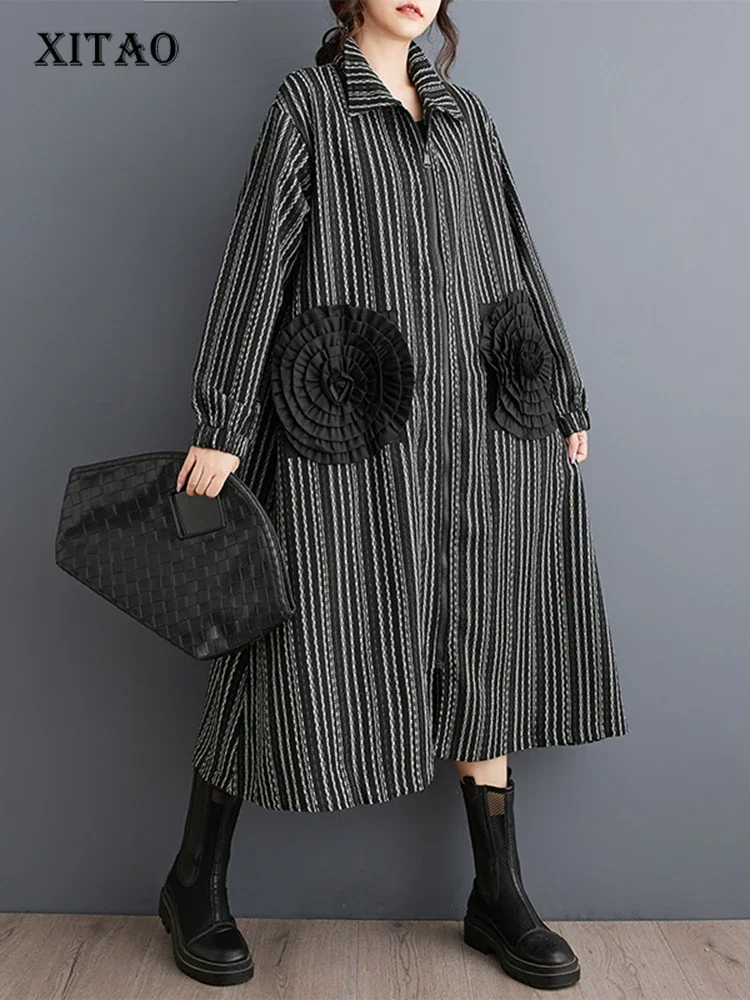 XITAO Stripe Color Turn Down Collar Female Dress Long Sleeve Zipper A-line Loose Patchwork A-line 2025 New Spring Dress GYX1078 
XITAO Stripe Color Turn Down Collar Female Dress Long Sleeve Zipper A-line Loose Patchwork A-line 2025 New Spring Dress GYX1078