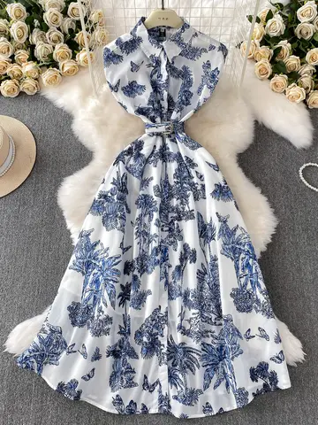 Retro Bamboo Le Print Turn-down Collar irt Dr Women's Summer Single-button Slimming A-line Long Dr High Waist